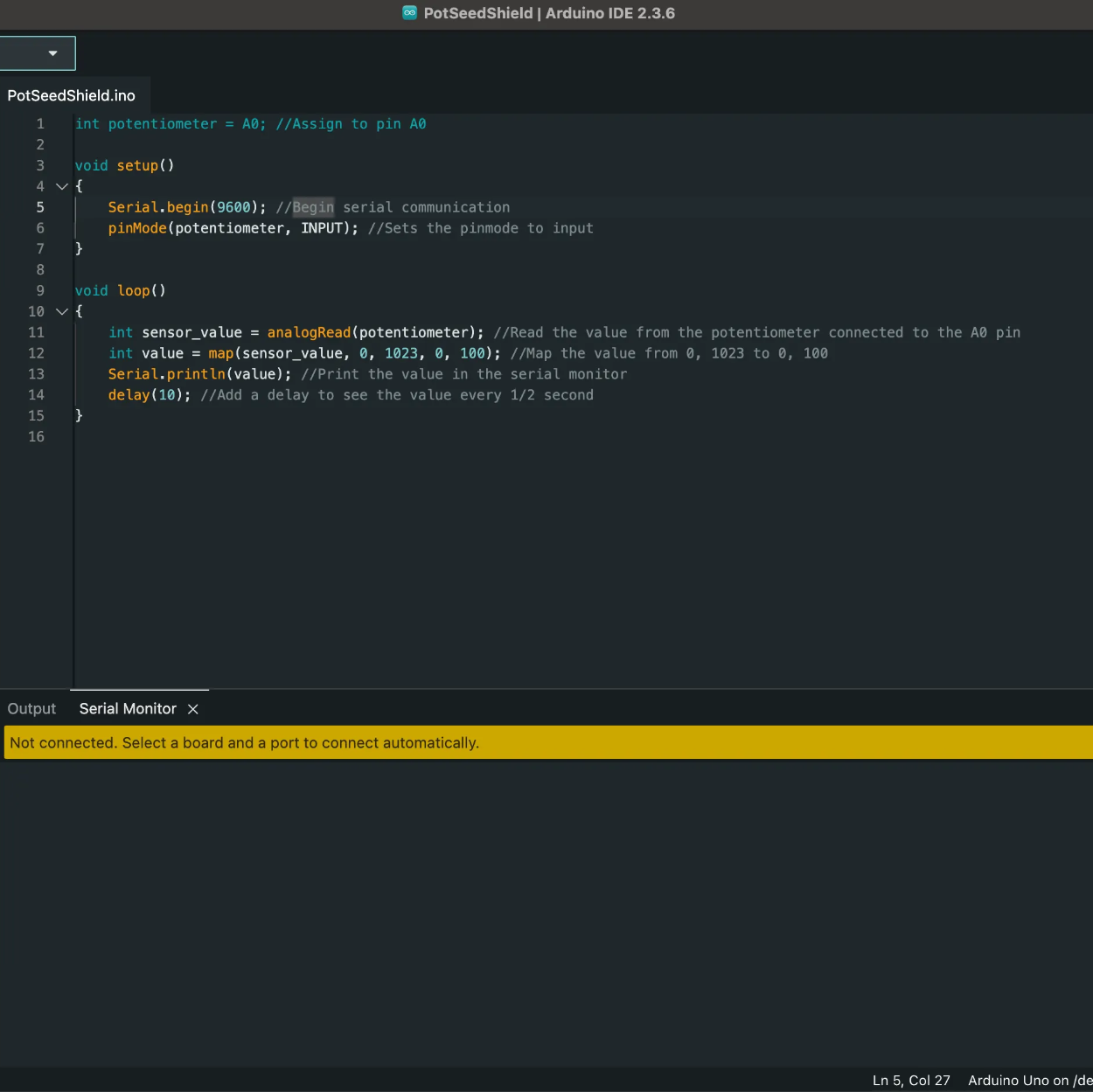 Opening the PotSeedShield Arduino sketch before linking to TouchDesigner.